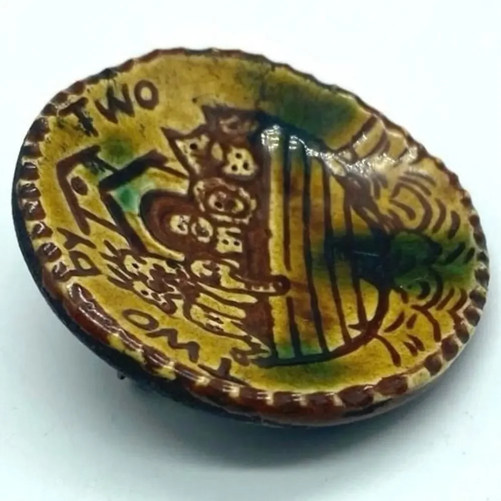 Vintage Handmade Pottery Brooch‎ signed Two by Two Religious Pin Noah's Ark
